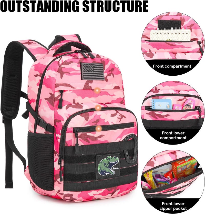 SunForMorning Kids Tactical Backpack Army Molle Bookbag Military Boys Backpack for School, Outdoor, Camping (Includes 2 Patches+1Carabiner), Pink CM - Image 3